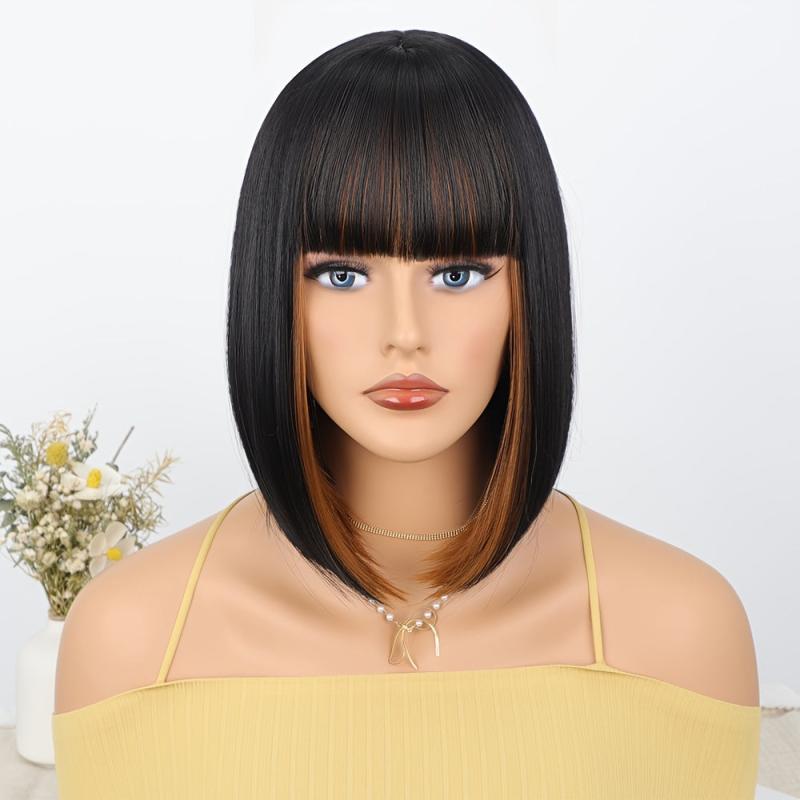 Short Bob Wig With Bangs Natural Synthetic Hair