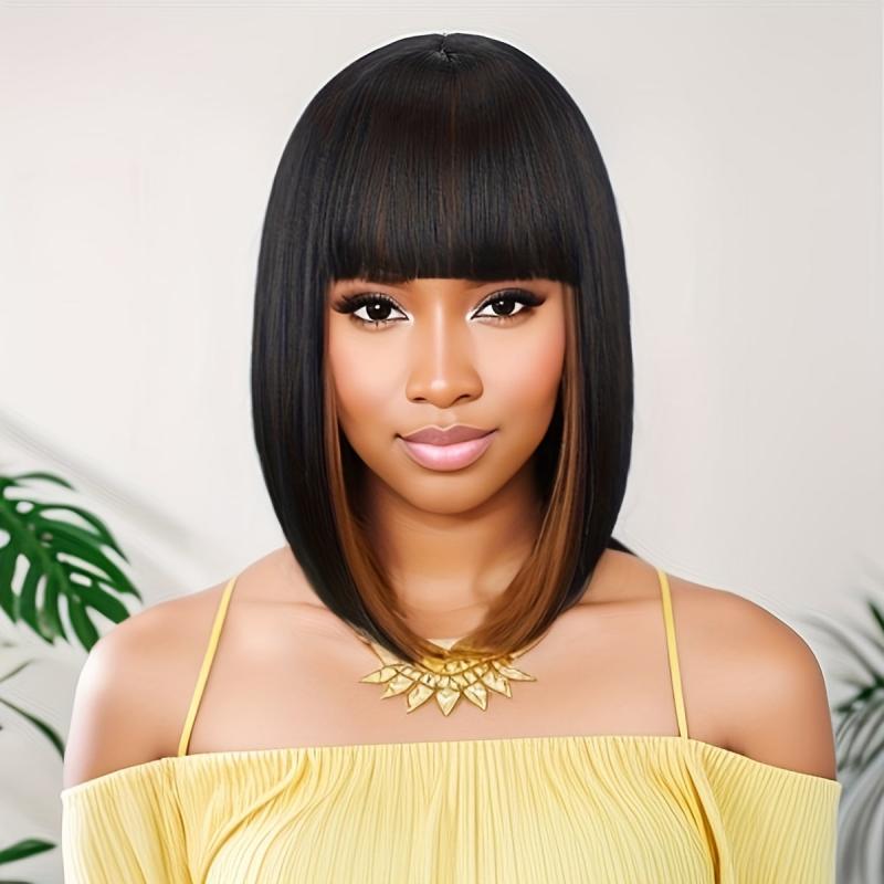 Short Bob Wig With Bangs Natural Synthetic Hair
