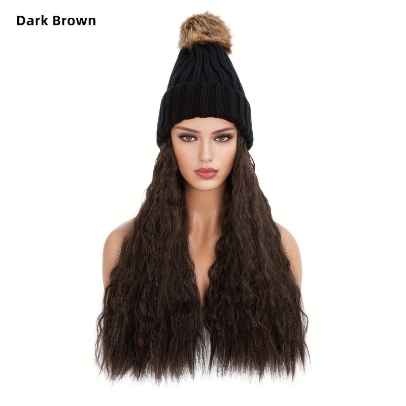 Beanie Hat with Long Wavy Curly Hair Extensions Wig 40-64 cm