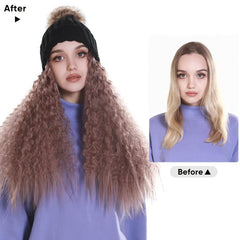 Beanie Hat with Long Wavy Curly Hair Extensions Wig 40-64 cm