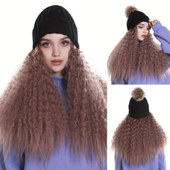 Beanie Hat with Long Wavy Curly Hair Extensions Wig 40-64 cm