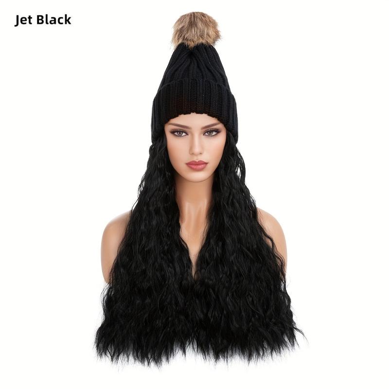 Beanie Hat with Long Wavy Curly Hair Extensions Wig 40-64 cm