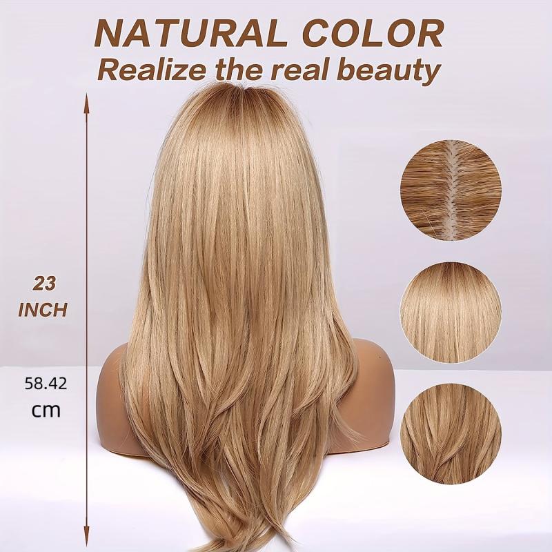 Ombre Blonde Long Straight Wig with Bangs Highlights Wig for Women