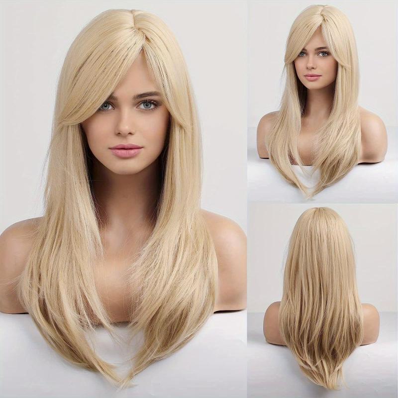 Ombre Blonde Long Straight Wig with Bangs Highlights Wig for Women