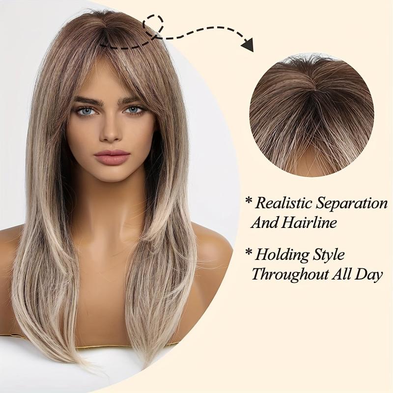 Ombre Blonde Long Straight Wig with Bangs Highlights Wig for Women