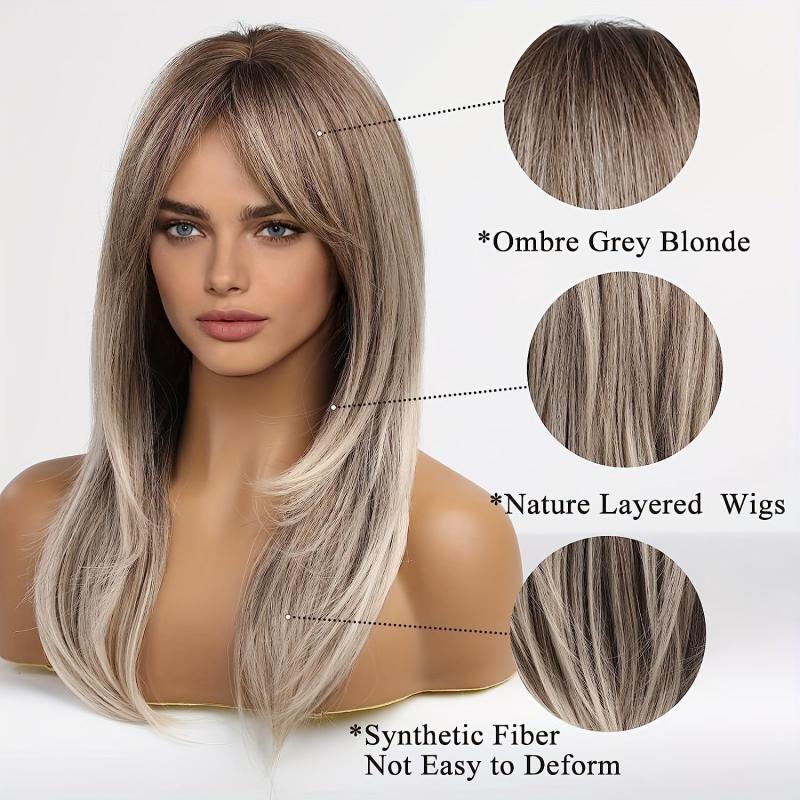 Ombre Blonde Long Straight Wig with Bangs Highlights Wig for Women