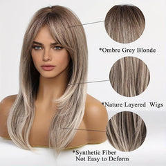 Ombre Blonde Long Straight Wig with Bangs Highlights Wig for Women