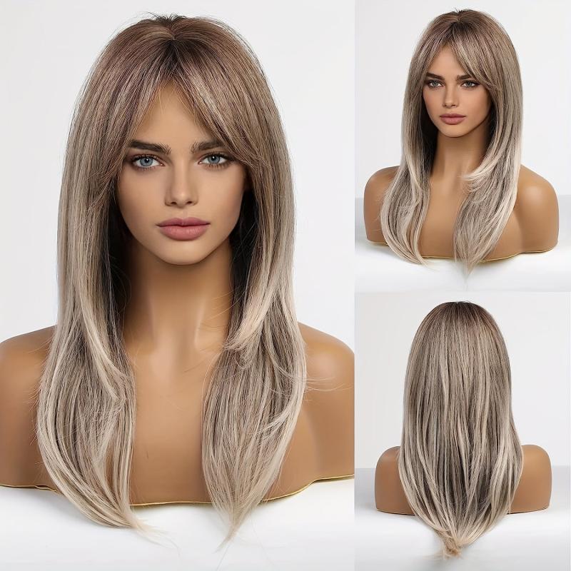 Ombre Blonde Long Straight Wig with Bangs Highlights Wig for Women