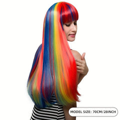 Rainbow Long Straight Wig Synthetic Wig With Bangs Cosplay Wig For Halloween
