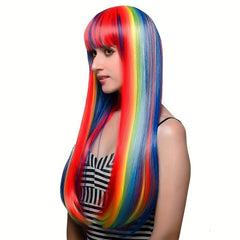 Rainbow Long Straight Wig Synthetic Wig With Bangs Cosplay Wig For Halloween