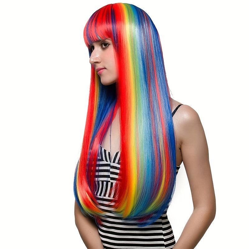 Rainbow Long Straight Wig Synthetic Wig With Bangs Cosplay Wig For Halloween