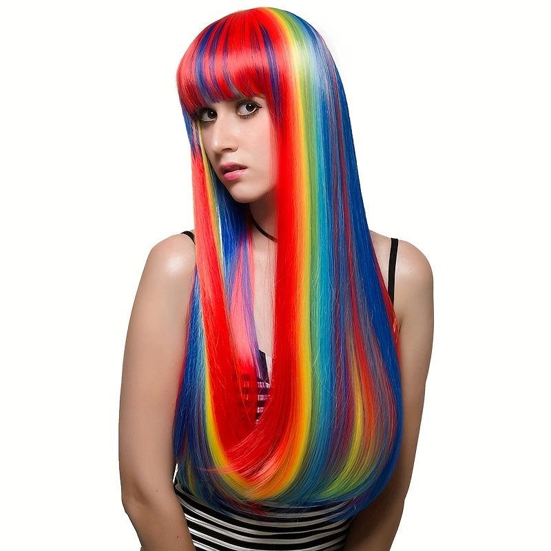 Rainbow Long Straight Wig Synthetic Wig With Bangs Cosplay Wig For Halloween