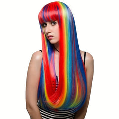 Rainbow Long Straight Wig Synthetic Wig With Bangs Cosplay Wig For Halloween