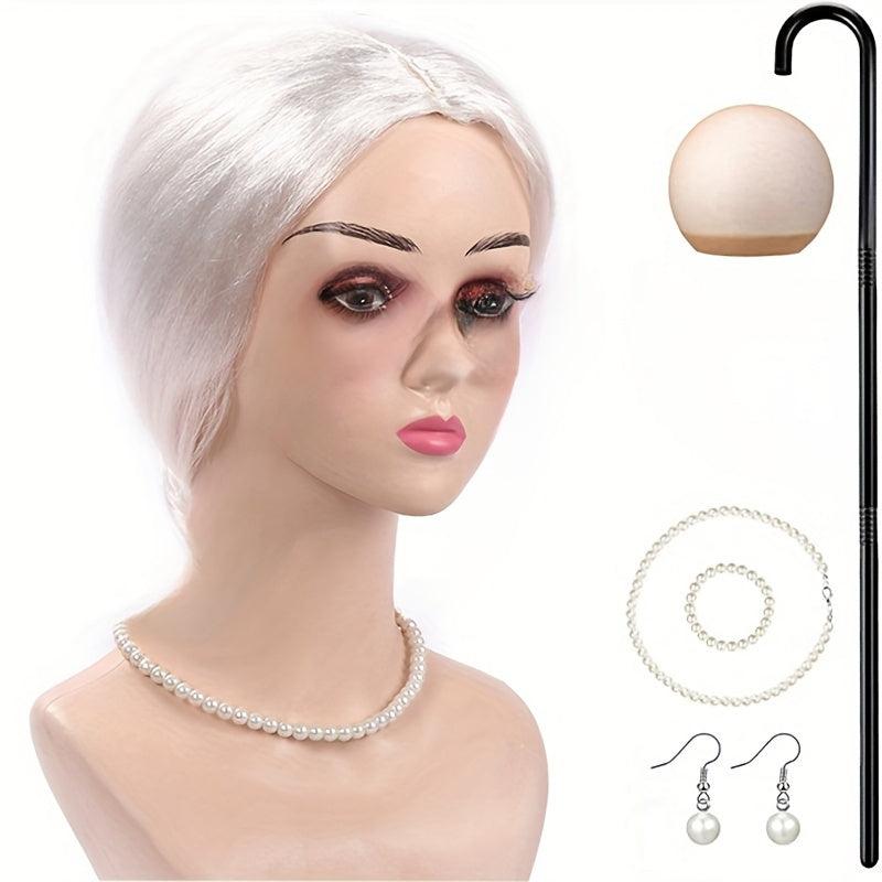 Granny Cosplay Set - Wig, Cane, Glasses Chain, Pearl Necklace, Earrings