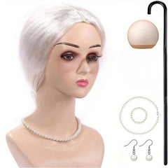Granny Cosplay Set - Wig, Cane, Glasses Chain, Pearl Necklace, Earrings
