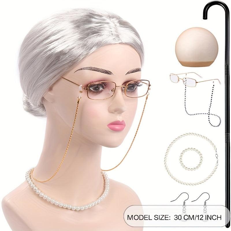 Granny Cosplay Set - Wig, Cane, Glasses Chain, Pearl Necklace, Earrings