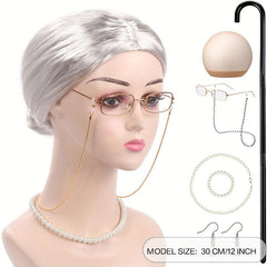 Granny Cosplay Set - Wig, Cane, Glasses Chain, Pearl Necklace, Earrings