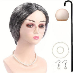 Granny Cosplay Set - Wig, Cane, Glasses Chain, Pearl Necklace, Earrings