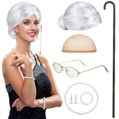 Granny Cosplay Set - Wig, Cane, Glasses Chain, Pearl Necklace, Earrings