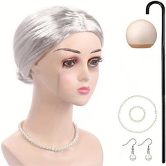 Granny Cosplay Set - Wig, Cane, Glasses Chain, Pearl Necklace, Earrings
