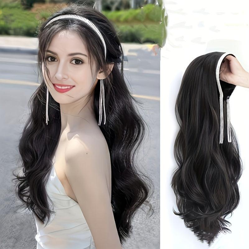 Long Curly Headband Wigs Synthetic Curly Wavy Hair Band Brown