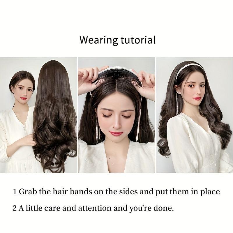 Long Curly Headband Wigs Synthetic Curly Wavy Hair Band Brown