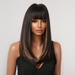 Medium Straight Synthetic Wig With Bangs Long Highlight Loose Wavy Hair