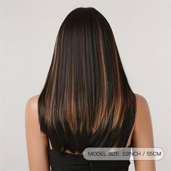 Medium Straight Synthetic Wig With Bangs Long Highlight Loose Wavy Hair
