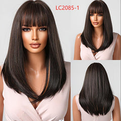 Medium Straight Synthetic Wig With Bangs Long Highlight Loose Wavy Hair