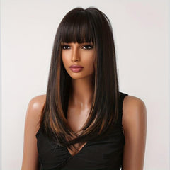 Medium Straight Synthetic Wig With Bangs Long Highlight Loose Wavy Hair