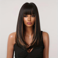 Medium Straight Synthetic Wig With Bangs Long Highlight Loose Wavy Hair