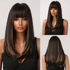 Medium Straight Synthetic Wig With Bangs Long Highlight Loose Wavy Hair