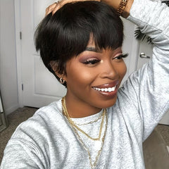 Brown Pixie Cut Wig with Bangs Heat Resistant Synthetic Hair for Women