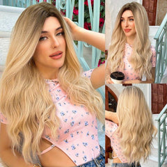 Ombre Blonde Bob Wig With Bangs Short Wavy Synthetic Colored Wig