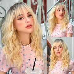 Ombre Blonde Bob Wig With Bangs Short Wavy Synthetic Colored Wig