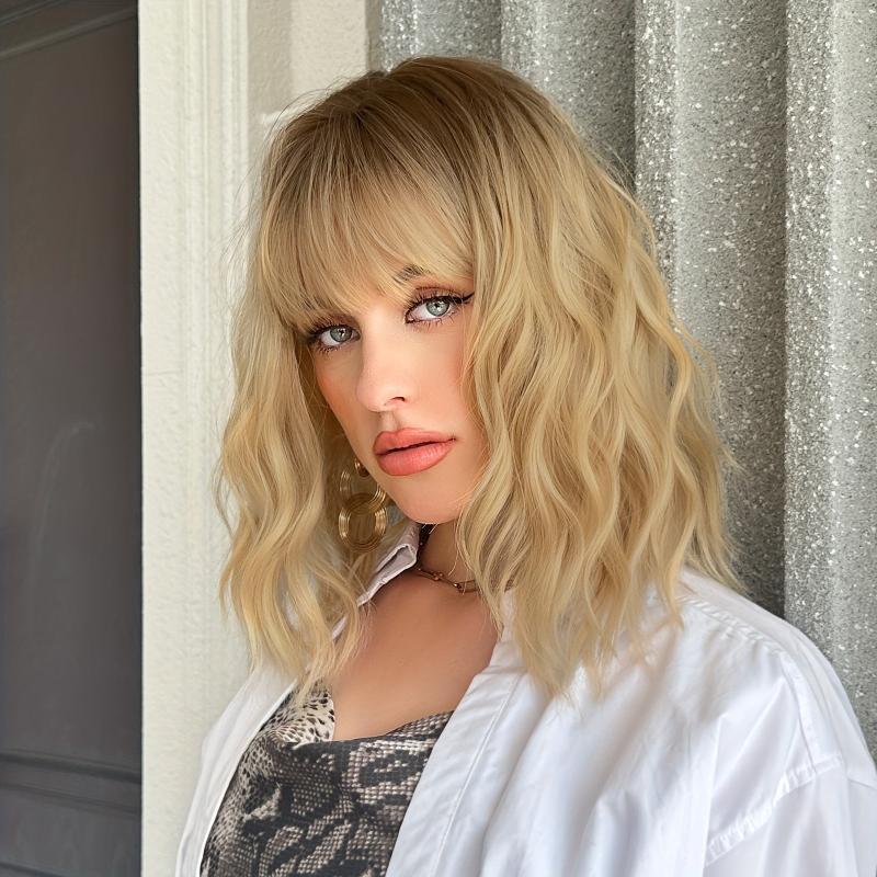 Ombre Blonde Bob Wig With Bangs Short Wavy Synthetic Colored Wig