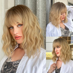 Ombre Blonde Bob Wig With Bangs Short Wavy Synthetic Colored Wig