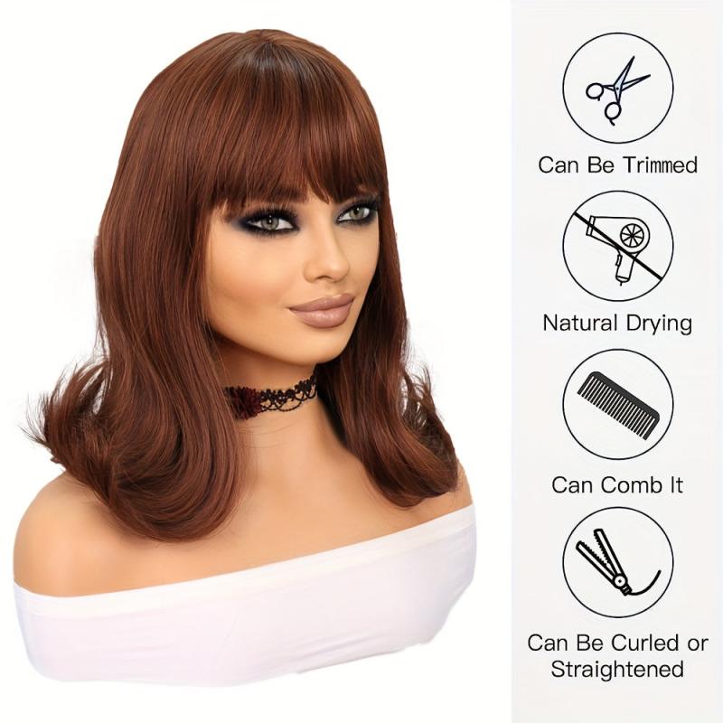Short Bob Brown Wig with Bangs for Women