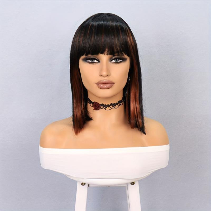 Short Bob Brown Wig with Bangs for Women