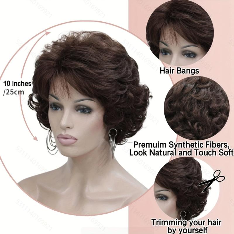 Short Curly Wavy Wig With Hair Bangs Synthetic Brown Hair Wigs For Women