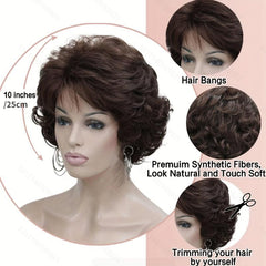 Short Curly Wavy Wig With Hair Bangs Synthetic Brown Hair Wigs For Women