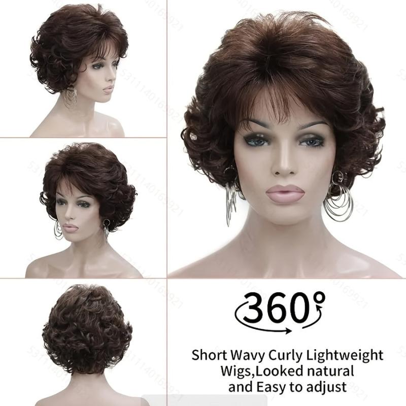 Short Curly Wavy Wig With Hair Bangs Synthetic Brown Hair Wigs For Women