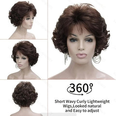 Short Curly Wavy Wig With Hair Bangs Synthetic Brown Hair Wigs For Women