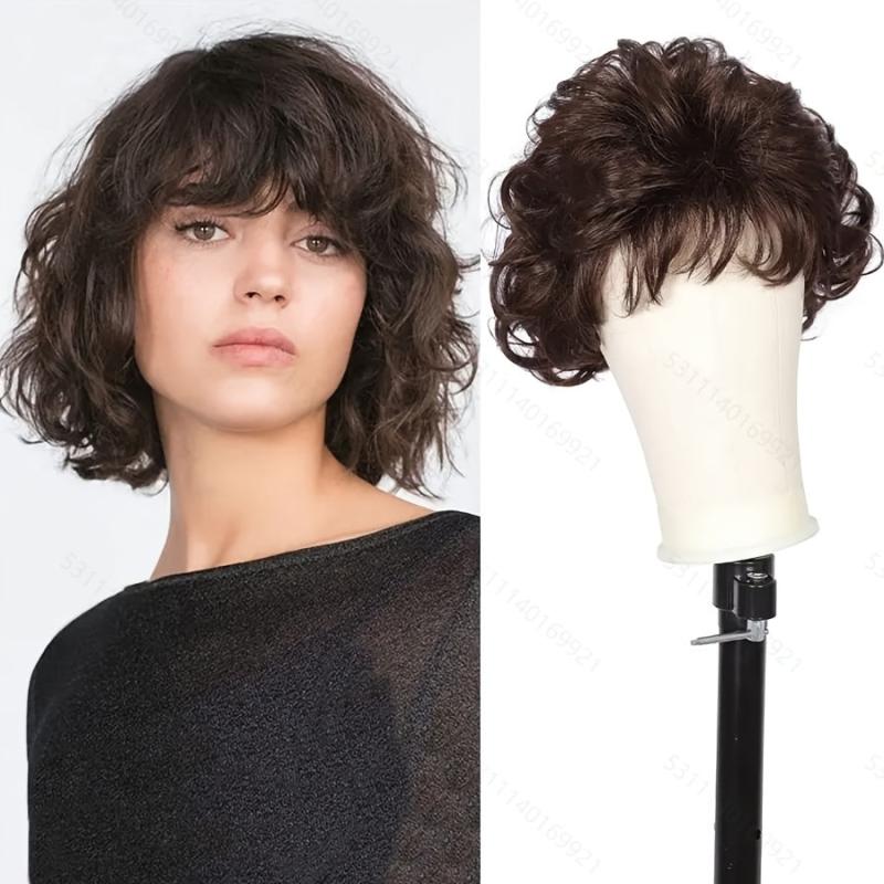 Short Curly Wavy Wig With Hair Bangs Synthetic Brown Hair Wigs For Women