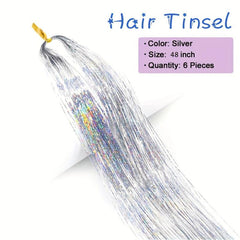6Pcs Glitter Tinsel Hair Extensions Sparkling Hair Strands Kit Silver