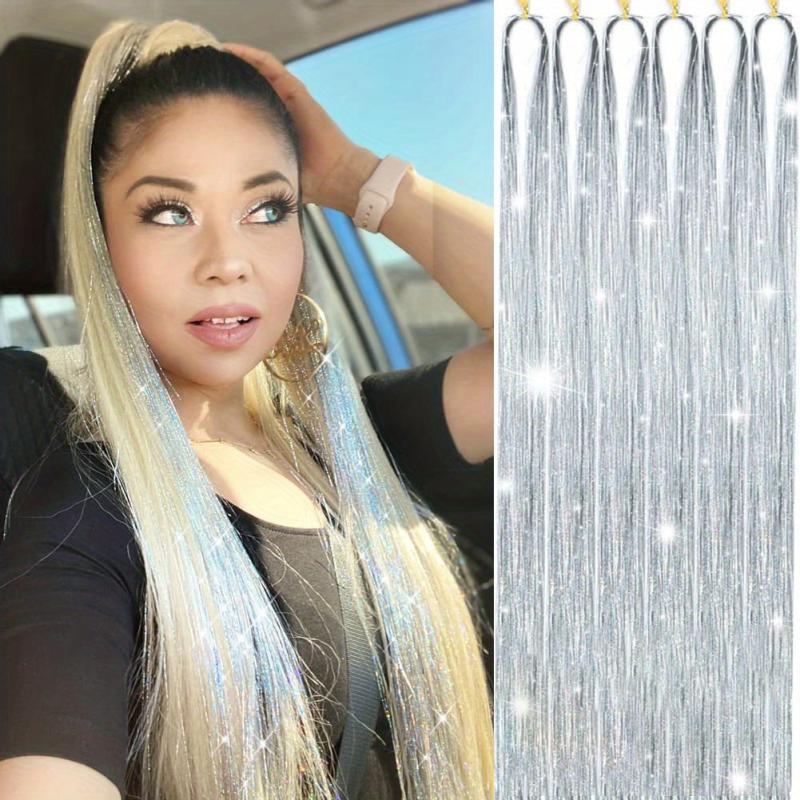 6Pcs Glitter Tinsel Hair Extensions Sparkling Hair Strands Kit Silver