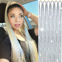 6Pcs Glitter Tinsel Hair Extensions Sparkling Hair Strands Kit Silver