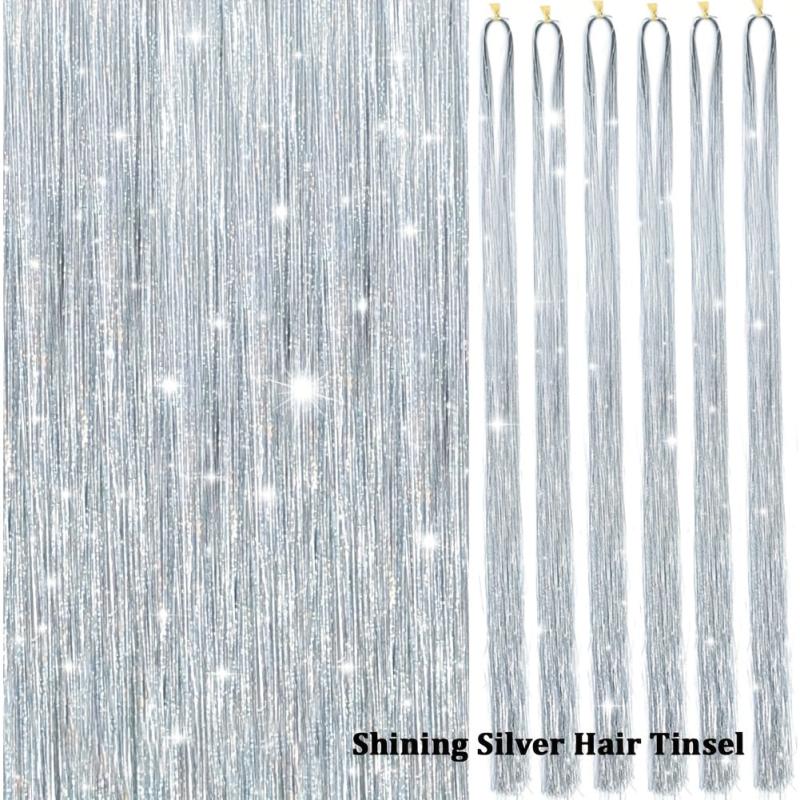 6Pcs Glitter Tinsel Hair Extensions Sparkling Hair Strands Kit Silver
