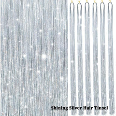6Pcs Glitter Tinsel Hair Extensions Sparkling Hair Strands Kit Silver