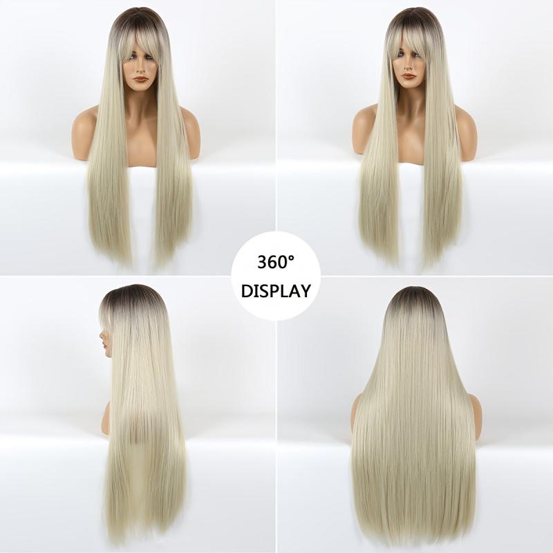 Ombre Straight Wig With Dark Roots Natural Synthetic Wig